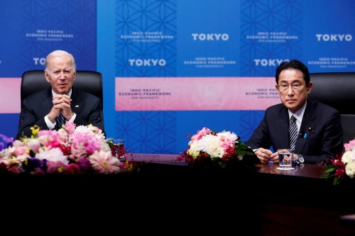 U.S. President Joe Biden and Japan's Prime Minister Fumio Kishida attend an Indo-Pacific Economic Framework for Prosperity (IPEF) launch event at Izumi Garden Gallery in Tokyo, Japan, May 23, 2022. REUTERS/Jonathan Ernst