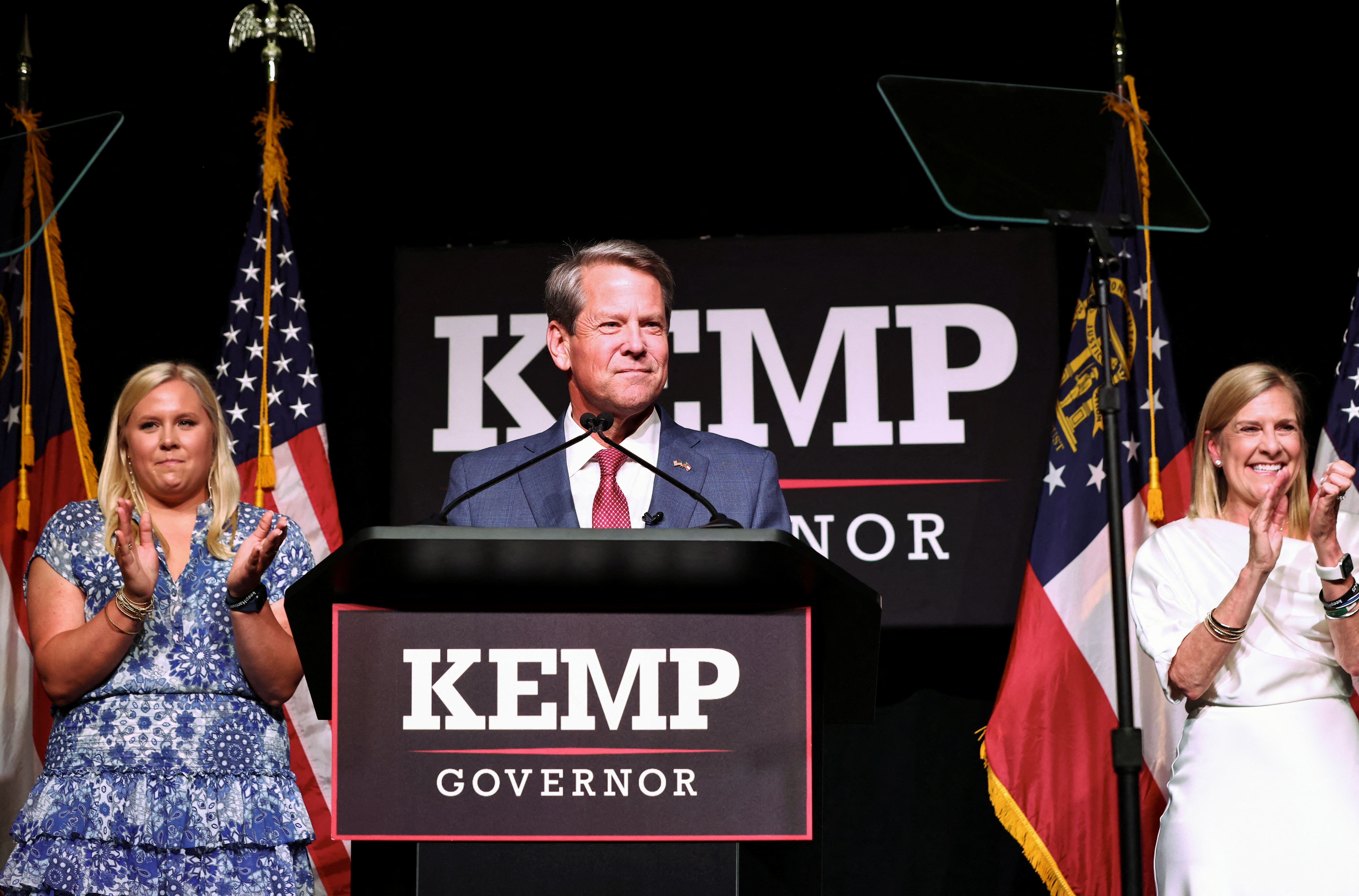 Governor Brian Kemp addresses supporters after winning the Republican primary during his primary election watch party in Atlanta, Georgia, U.S. May 24, 2022.  REUTERS/Dustin Chambers