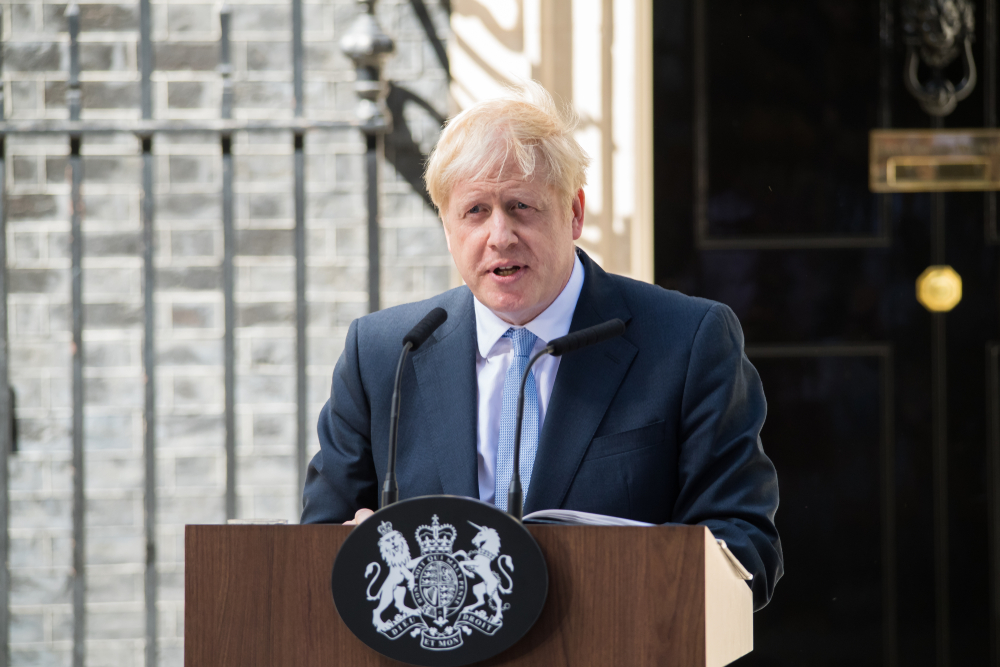 Boris Johnson delivering speech on Brexit outside 10 Downing Street in July 2019.