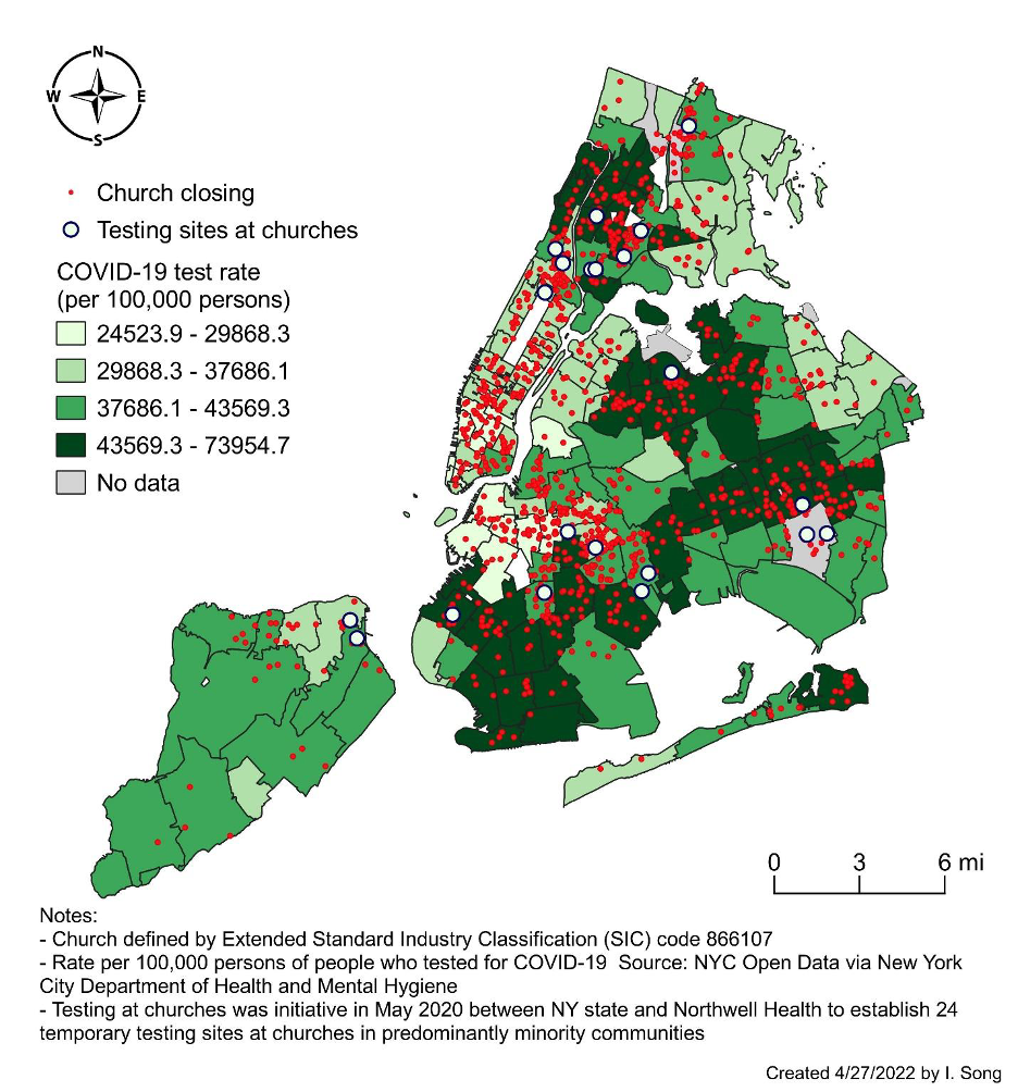 A map comparing the COVID-19 testing rate by county in relation to church testing site locations and church closings in NYC.