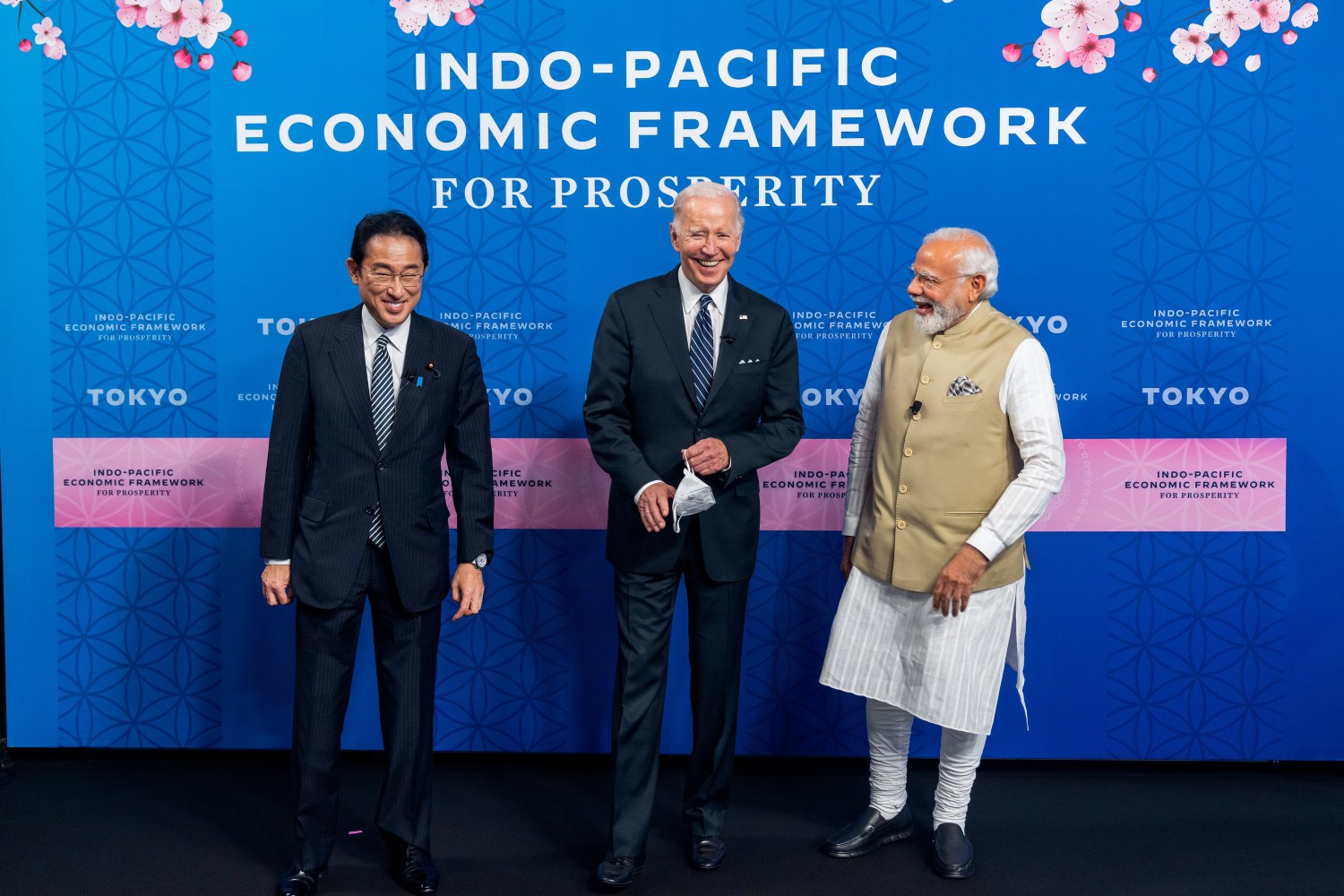 U.S. President Joe Biden poses with India Prime Minister Narendra Modi (left) and Japan Prime Minister Fumio Kishida as he announced the countries that are joining the new Indo-Pacific Economic Framework on Monday (May 23) during his visit to Tokyo. Biden launched his plan for U.S. economic engagement in Asia on Monday by initiating the new Indo-Pacific Economic Framework with 13 founding countries. Speaking at the launch event in Tokyo, Biden said that the future of the 21st Century economy will be written in the Indo-Pacific. The 13 initial members of the group, the Indo-Pacific Economic Framework (IPEF), are the U.S., Japan, India, South Korea, Australia, Indonesia, Thailand, Singapore, Malaysia, the Philippines, Vietnam, New Zealand and Brunei, the Biden administration said Monday. The members accounting for about 40% of the world's gross domestic product.