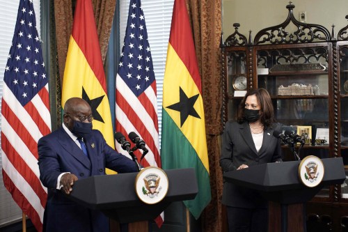 United States Vice President Kamala Harris talks to the media next to President Nana Akufo-Addo of Ghana before their meeting in the Vice President’s Ceremonial Office in the Eisenhower Executive Office Building in Washington.Featuring: Vice President Kamala Harris, President Nana Akufo-AddoWhere: Washington, District of Columbia, United StatesWhen: 23 Sep 2021Credit: Yuri Gripas/POOL via CNP/INSTARimages/Cover Images