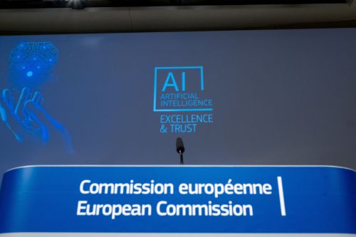 BRUSSELS,BELGIUM-04212021 : Screen and desk during a press conference following the meeting about the promotion of artificial intelligence at the European Commission.