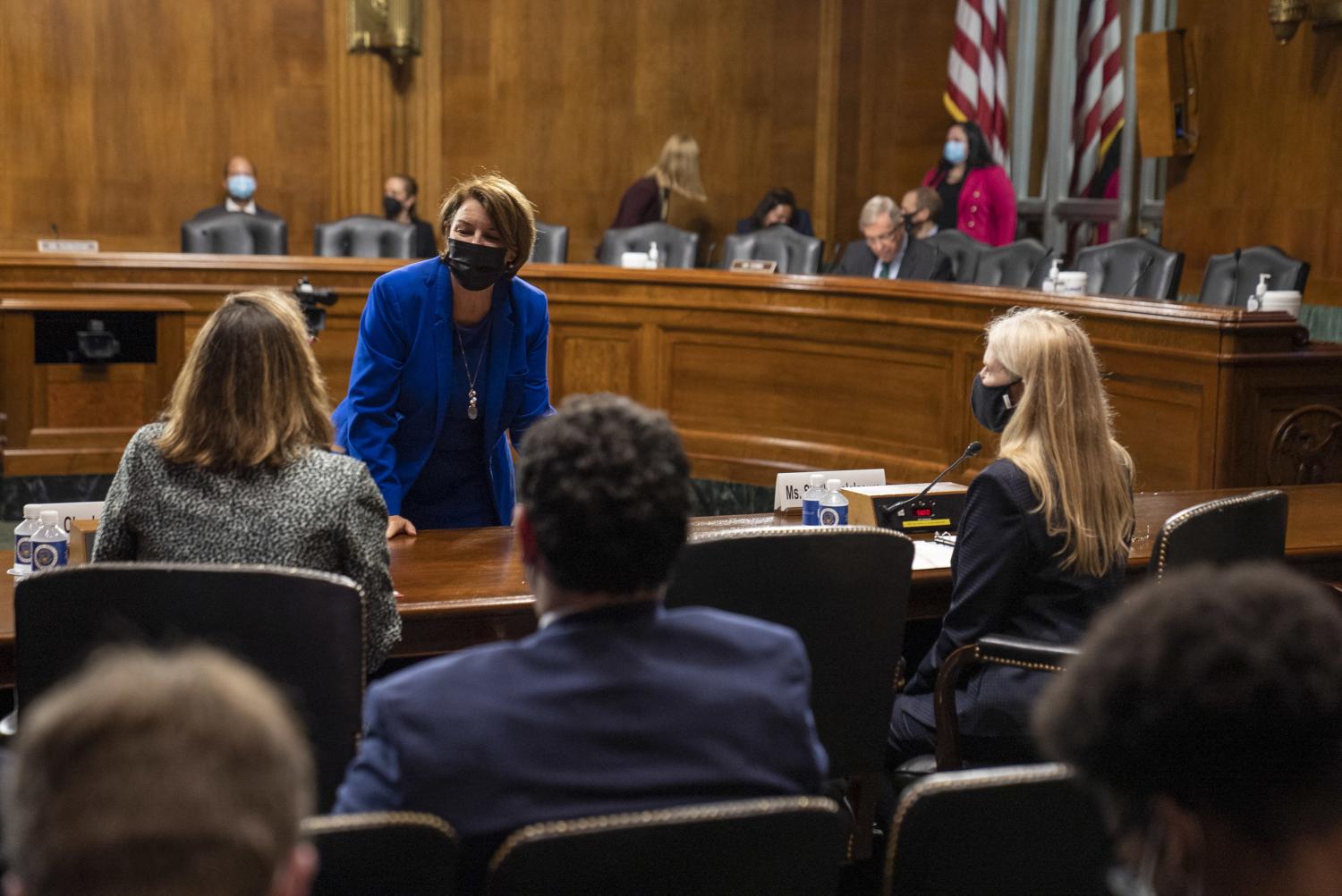 U.S. Sen. Amy Klobuchar D-MN, greets Ms. Charlotte Slaiman, Competition Policy Director, Public Knowledge, before testifying before the Judiciary Subcommittee on Competition Policy, Antitrust, and Consumer Rights in a hearing to examine big data, focusing on implications for competition and consumers on Capitol Hill