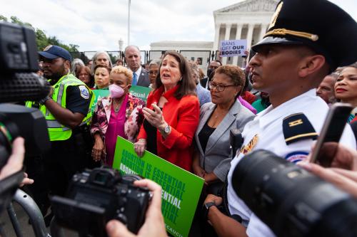 Congresswoman Diane DeGette (D-CO) speaks with reporters while surrounded by pro-choice Congresswomen at the Supreme Court, vowing to fight for reproductive rights after the Court issued its opinion on Dobbs v. JWHO.  The opinion reverses the federal right to abortion decided in Roe v. Wade, allowing each state to set its own laws.  The legal basis for the decision could be used in the future as precendent to overturn other rights not explicitly stated in the Constitution (e.g., same-sex marriage).  With the exception of Thomas, all of the conservative justices in the majority testified under oath in their confirmation hearings that they consider abortion access 'settled law.' (Photo by Allison Bailey/NurPhoto)NO USE FRANCE