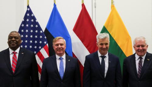 U.S. Defence Secretary Lloyd Austin poses with the Defence Ministers of Estonia Kalle Laanet, Latvia Artis Pabriks, and Lithuania Arvydas Anusauskas, at NATO headquarters in Brussels, Belgium June 17, 2022. REUTERS/Johanna Geron/Pool