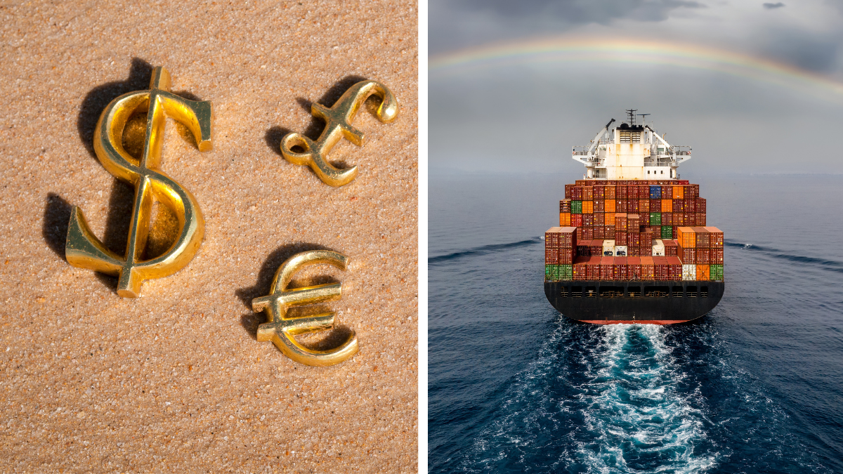 A cargo ship and currency signs on a beach