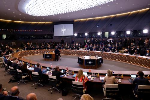 A general view of the hall during a meeting of NATO defence ministers at the Alliance's headquarters in Brussels, Belgium June 16, 2022. REUTERS/Yves Herman