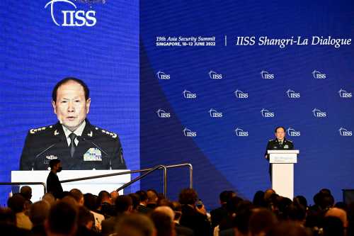 China's State Councilor and Defence Minister General Wei Fenghe speaks at a plenary session during the 19th Shangri-La Dialogue in Singapore June 12, 2022. REUTERS/Caroline Chia