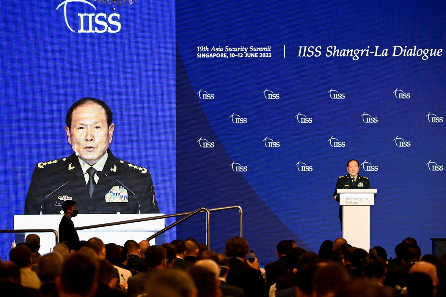 China's State Councilor and Defence Minister General Wei Fenghe speaks at a plenary session during the 19th Shangri-La Dialogue in Singapore June 12, 2022. REUTERS/Caroline Chia