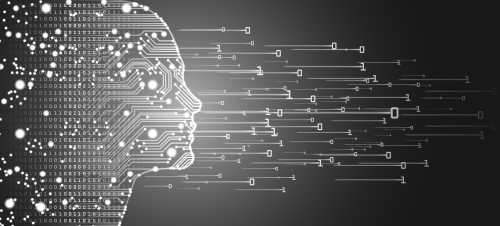 Woman's face outline outline with circuit board and binary data