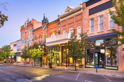 Provo, Utah, USA downtown on Center Street at dusk.