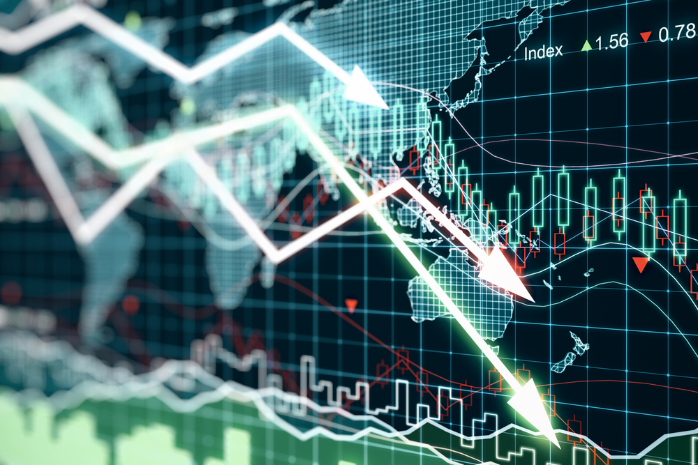 Business chart with glowing arrows and world map