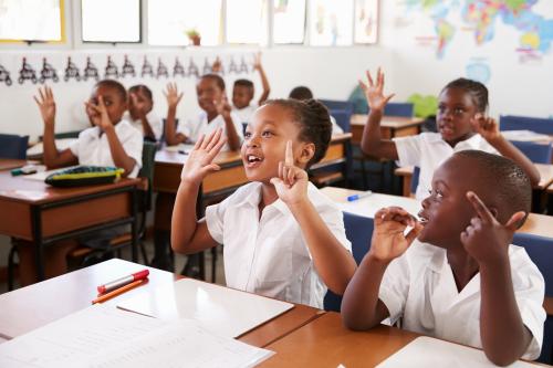 elementary students raising hands in classroom