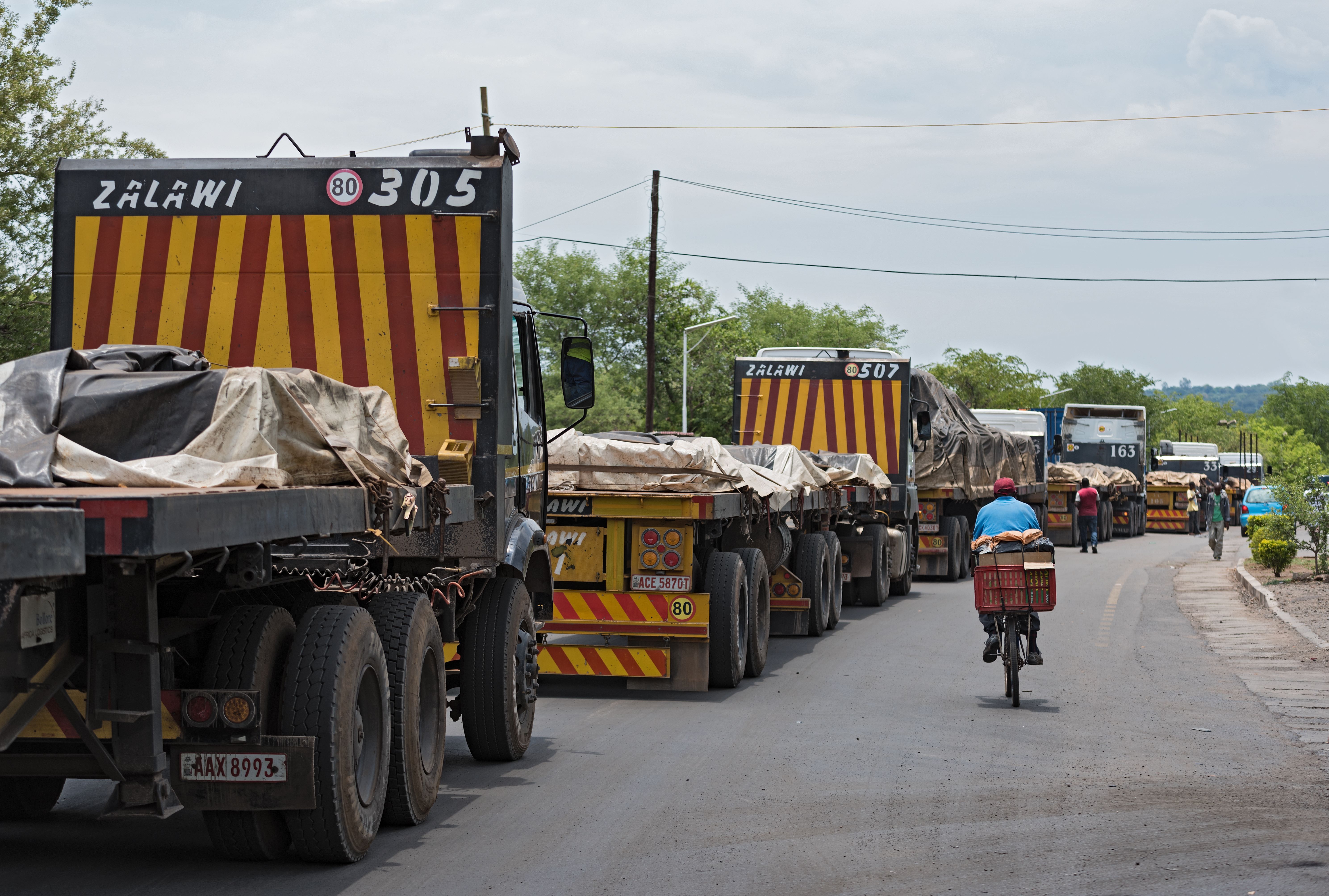 LIVINGSTONE, ZAMBIA-NOVEMBER 23, 2017: Trucks at the border crossing between Zambia and Zimbabwe at Livingstone, Zambia