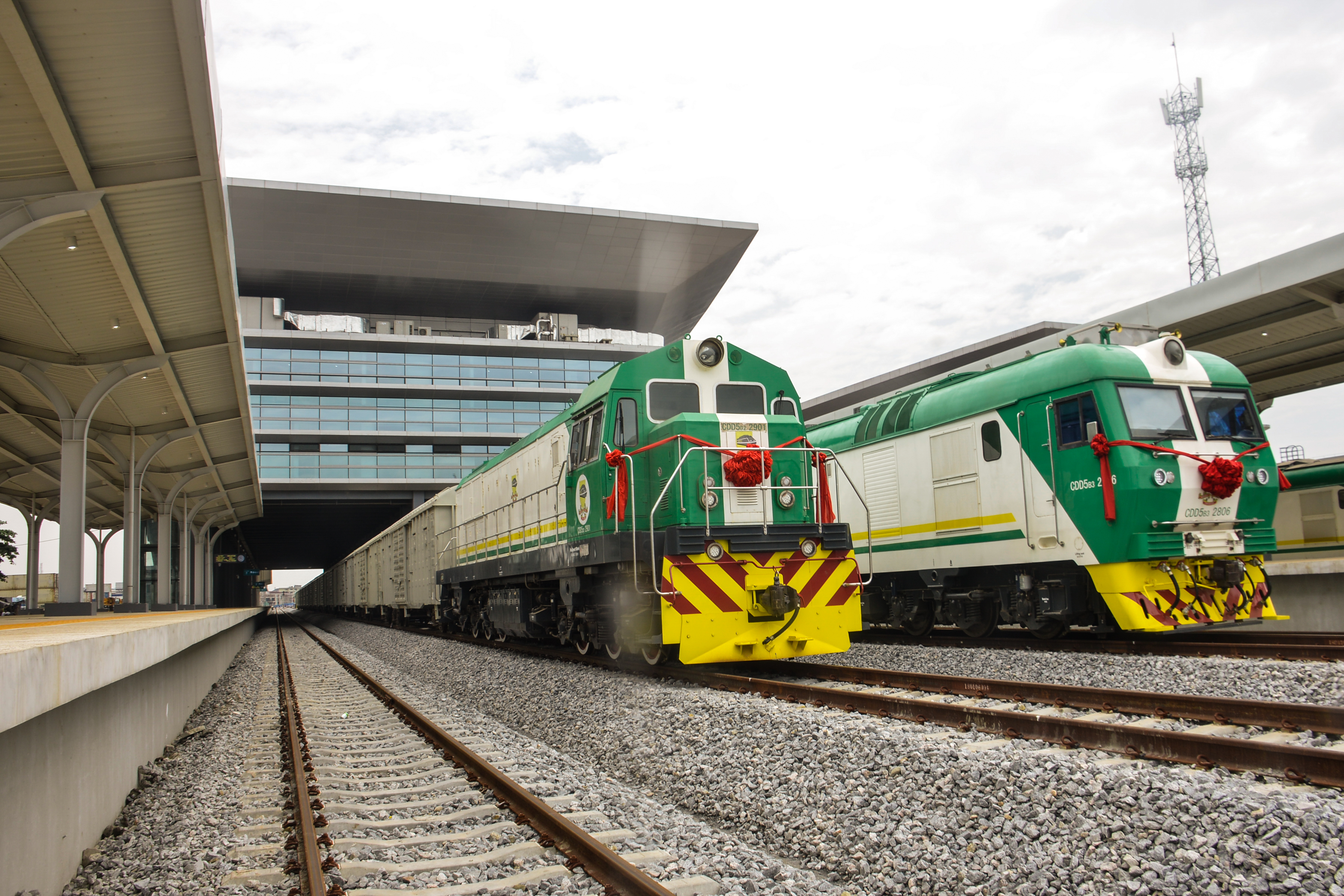 A newly commissioned Nigerian railway is seen Mobolaji Johnson Railway Station in Ebutemeta, Lagos, Nigeria, on June 10, 2021. President Muhammadu Buhari on Thursday visited Lagos for the inauguration of the 157-kilometer Lagos-Ibadan standard rail project at the Mobolaji Johnson railway station in Ebutte Metta. The Construction which started in March 2017, and test-running commenced in December 2020. The Ebute Metta Station, known as the Mobolaji Johnson Station, is the largest railway station in West Africa with a holding capacity of 6000 passengers A statement from the precedential aide ''''Femi Adesina''.  ''President Buhari is committed to developing a modern national railway network that will connect every part of Nigeria, and promote trade, travel, tourism, commerce and national integration.'' (Photo by Olukayode Jaiyeola/NurPhoto)NO USE FRANCE