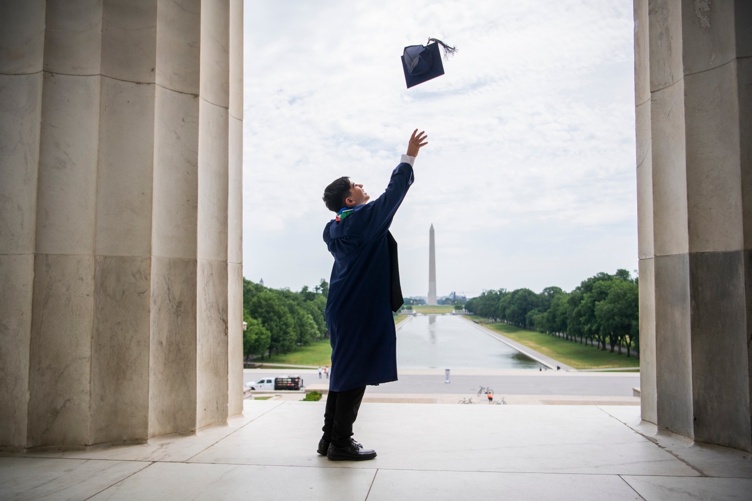 UNITED STATES - JUNE 03: Benjamin Leese, 17, a recent graduate from South County High School in Lorton, VA, tosses his cap at the Lincoln Memorial on Wednesday, June 3, 2020. (Photo By Tom Williams/CQ Roll Call/Sipa USA)No Use UK. No Use Germany.