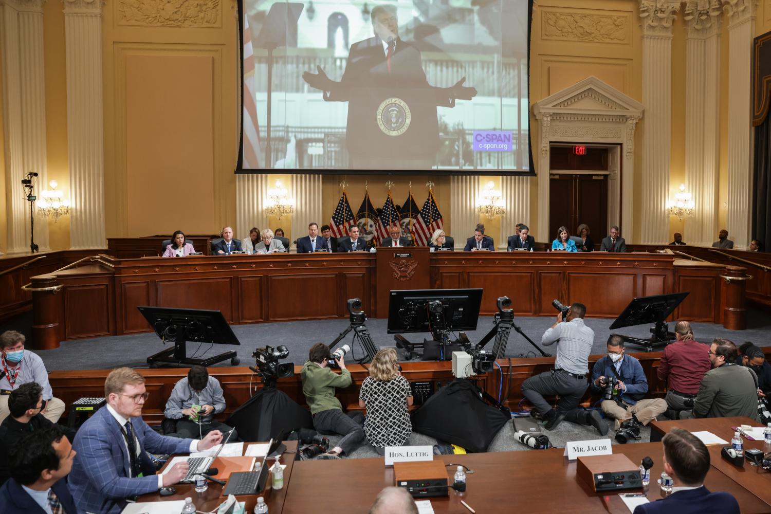 Video of former President Donald J. Trump plays on the screen during the Select Committee to Investigate the January 6th Attack on the United States Capitol hearing happening in the 390 Cannon House Office Building in Washington, DC on June 16, 2022. (Photo by Oliver Contreras/Sipa USA)No Use Germany.