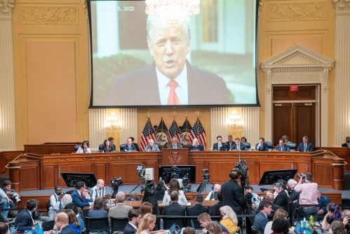 A video of former U.S. President Donald Trump from his January 6th Rose Garden statement is played as Cassidy Hutchinson, who was an aide to former White House Chief of Staff Mark Meadows during the Trump administration, testifies during House Select Committee a public hearing to investigate the January 6 Attack on the U.S. Capitol, at the Capitol, in Washington, U.S., June 28, 2022. Shawn Thew/Pool via REUTERS