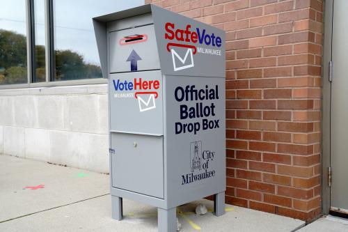 FILE PHOTO: A SafeVote official ballot drop box for mail-in ballots is seen outside a polling site at the Milwaukee Public Library’s Washington Park location in Milwaukee, on the first day of in-person voting in Wisconsin, U.S., October 20, 2020. REUTERS/Bing Guan/File Photo