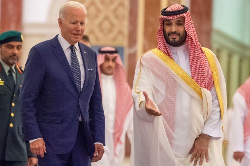 US President Joe Biden (L) welcomed by Saudi Crown Prince Mohammed bin Salman Al Saud ahead of their meeting at Al-Salam Palace.