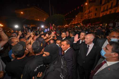 Tunisia's President Kais Saied greets his supporters after a referendum on a new constitution in Tunis, Tunisia July 26, 2022.  Tunisian Presidency/Handout via REUTERS ATTENTION EDITORS - THIS IMAGE WAS PROVIDED BY A THIRD PARTY    NO RESALES. NO ARCHIVES.