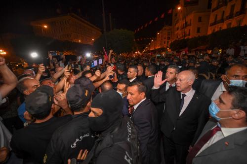 Tunisia's President Kais Saied greets his supporters after a referendum on a new constitution in Tunis, Tunisia July 26, 2022.  Tunisian Presidency/Handout via REUTERS ATTENTION EDITORS - THIS IMAGE WAS PROVIDED BY A THIRD PARTY    NO RESALES. NO ARCHIVES.