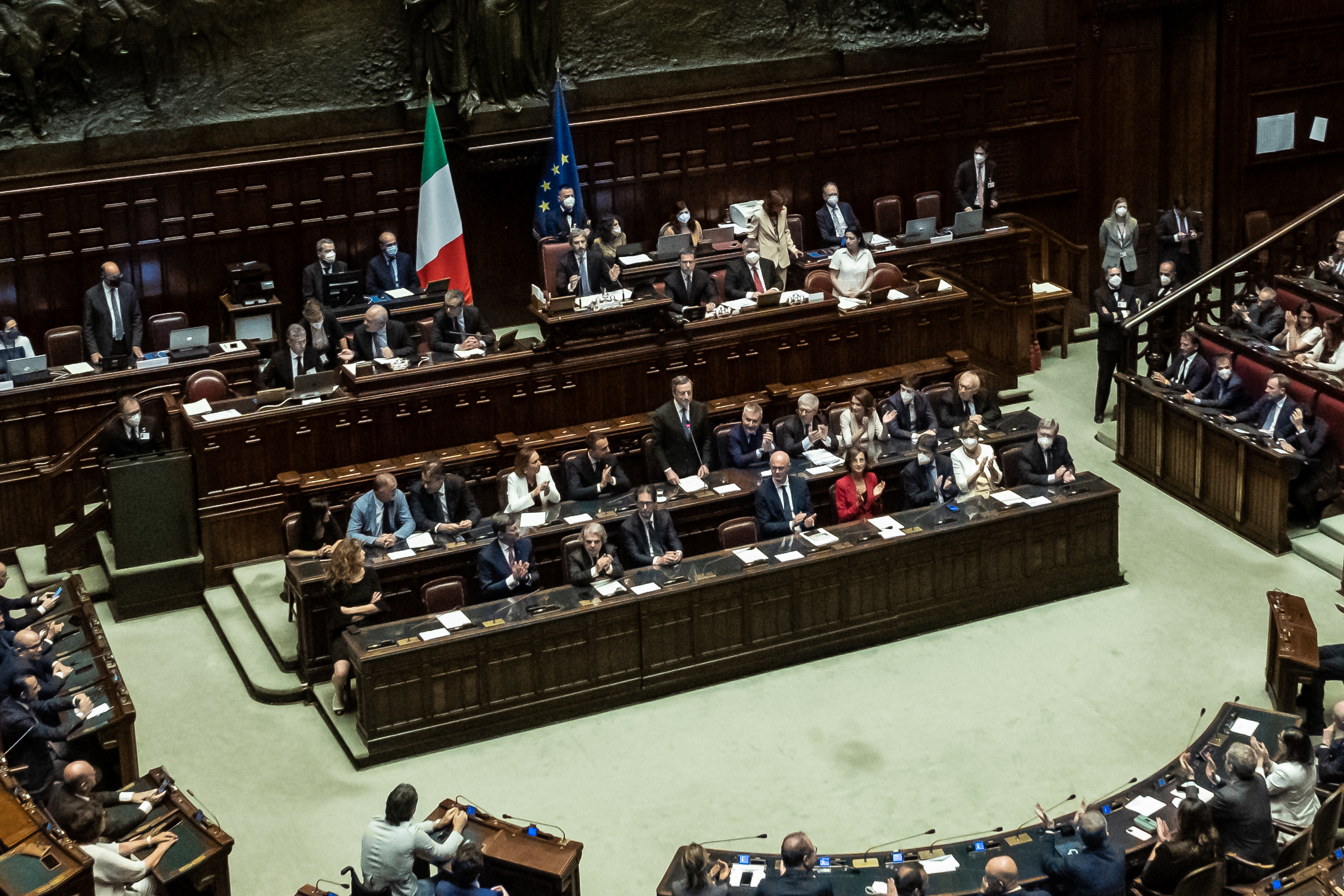 President of the Council of Ministers, Prof. Mario Draghi, announces his resignation to the Chamber of Deputies of the Italian Republic, in session, on July 21, 2022. Premier Draghi then went to the President of the Republic Sergio Mattarella to resign, President Mattarella took note and on the same day dissolved the chambers of Parliament, calling for new elections. (Photo by Manuel Dorati/NurPhoto)