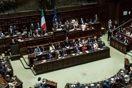 President of the Council of Ministers, Prof. Mario Draghi, announces his resignation to the Chamber of Deputies of the Italian Republic, in session, on July 21, 2022. Premier Draghi then went to the President of the Republic Sergio Mattarella to resign, President Mattarella took note and on the same day dissolved the chambers of Parliament, calling for new elections. (Photo by Manuel Dorati/NurPhoto)