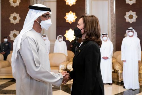 U.S. Vice President Kamala Harris offers condolences to United Arab Emirates' President and ruler of Abu Dhabi Sheikh Mohammed bin Zayed al-Nahyan after the death of UAE's President Sheikh Khalifa bin Zayed al-Nahyan at the Presidential Airport in Abu Dhabi, United Arab Emirates, May 16, 2022. United Arab Emirates Ministry of Presidential Affairs/Handout via REUTERS