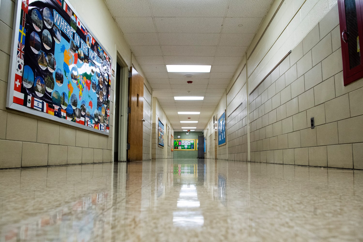 UNITED STATES - AUGUST 26: An empty hallway is pictured at Heather Hills Elementary School as officials conduct a materials distribution for parents to pick up for distance learning in Bowie, Md., on Wednesday, August 26, 2020. (Photo By Tom Williams/CQ Roll Call/Sipa USA)No Use UK. No Use Germany.