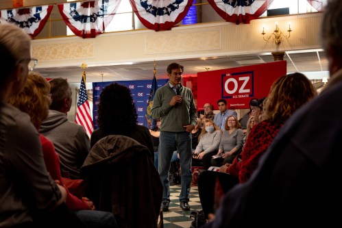 Mehmet Oz, who is running for the U.S. Senate, speaks at a campaign event in York, Pennsylvania, U.S., February 5, 2022. REUTERS/Hannah Beier