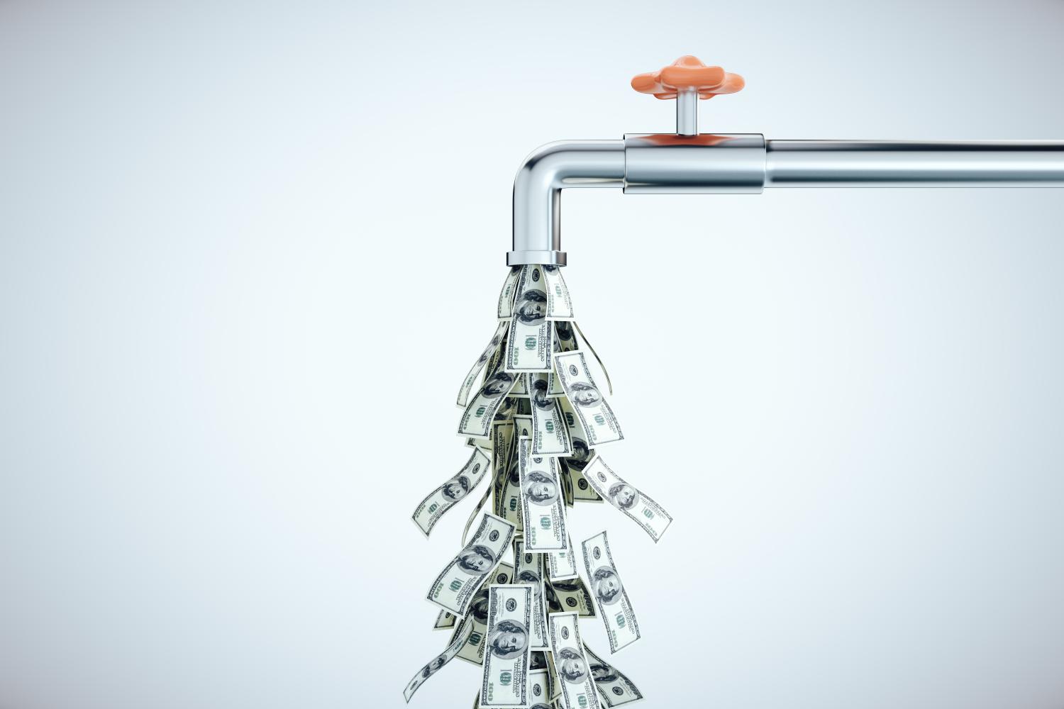 American money flowing out of a pipe.