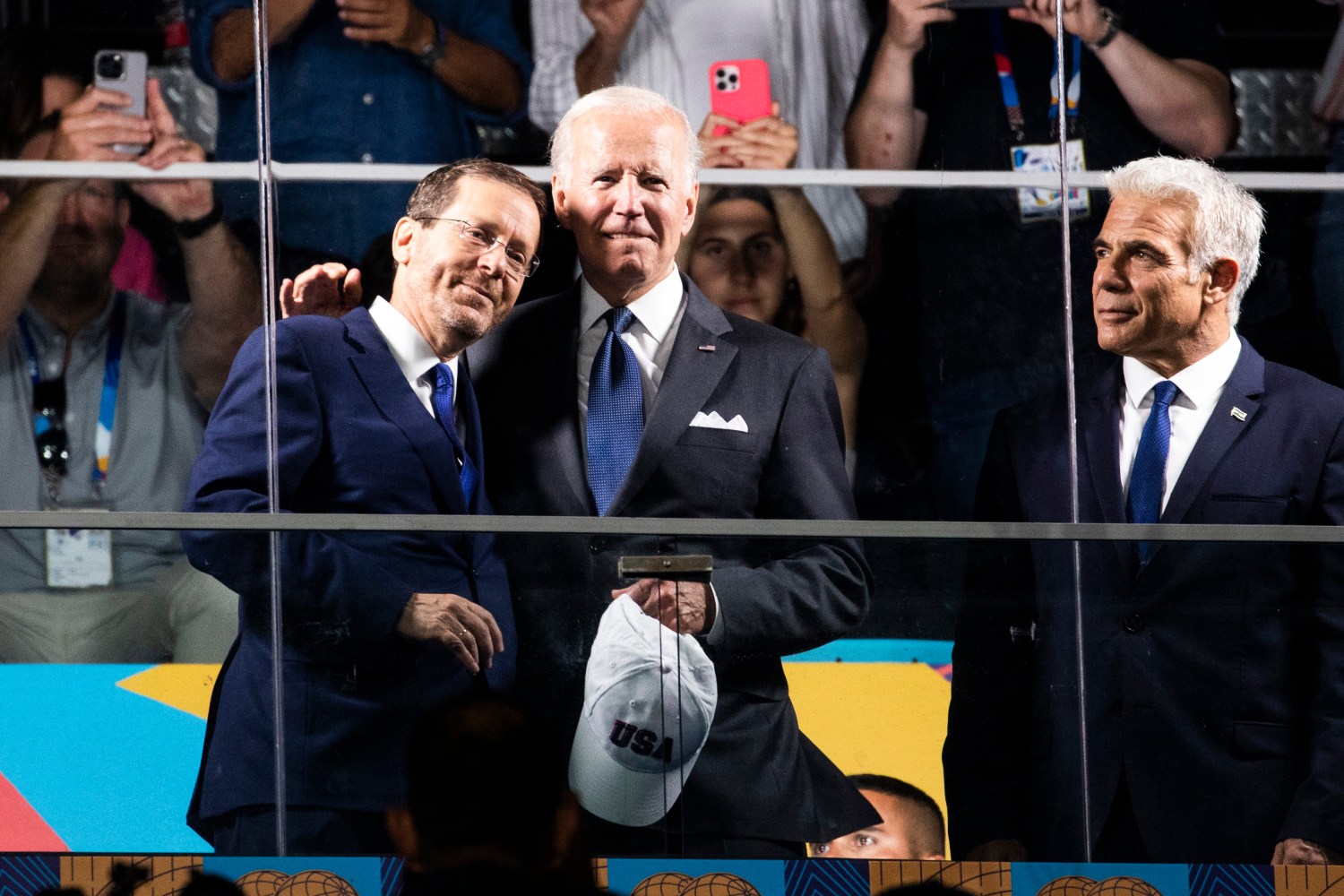 (L-R) Israeli President Isaac Herzog, US President Joe Biden and Israeli Prime Minister Yair Lapid attend the Opening ceremony of the Maccabiah games in Jerusalem. Ilia Yefimovich/dpa