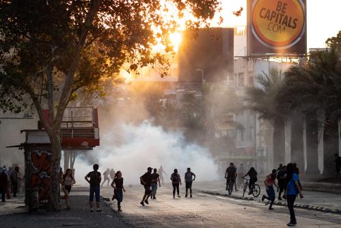 Santiago, Chile - February 11, 2020: Protesters on the streets around Plaza de Italia during recent demonstrations against inequality in Santiago de Chile.