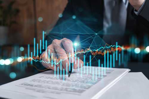 Businessman in suit signs contract. Double exposure with forex graph hologram. Man signing brokerage agreement. Financial market analysis and investment concept.
