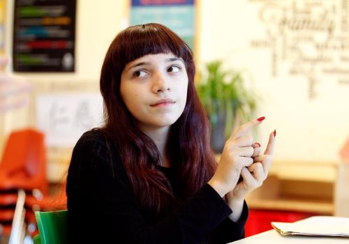 Student Lilly Fish works on her signing skills during sign language class at the Pride School in Atlanta, Georgia, U.S. on December 7, 2016. The Pride School is a K-12 school for LGBT+ students and others that benefit from alternative educational resources. Picture taken on December 7, 2016. REUTERS/Tami Chappell