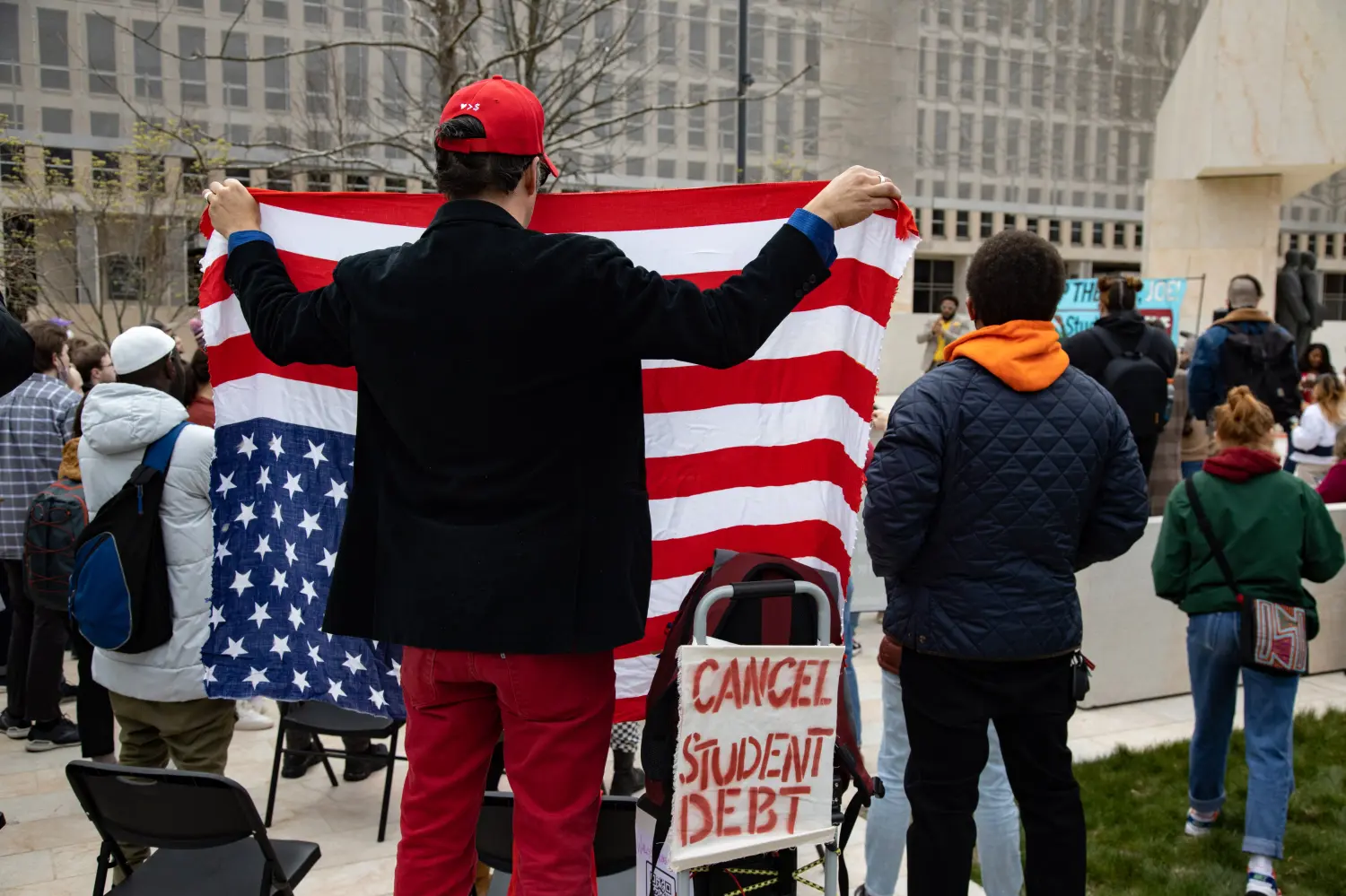 Demonstrators gather at the Department of Education headquarters in Washington, D.C. on April 4, 2022 to call for President Biden to cancel all student loan debt (Photo by Bryan Olin Dozier/NurPhoto)NO USE FRANCE