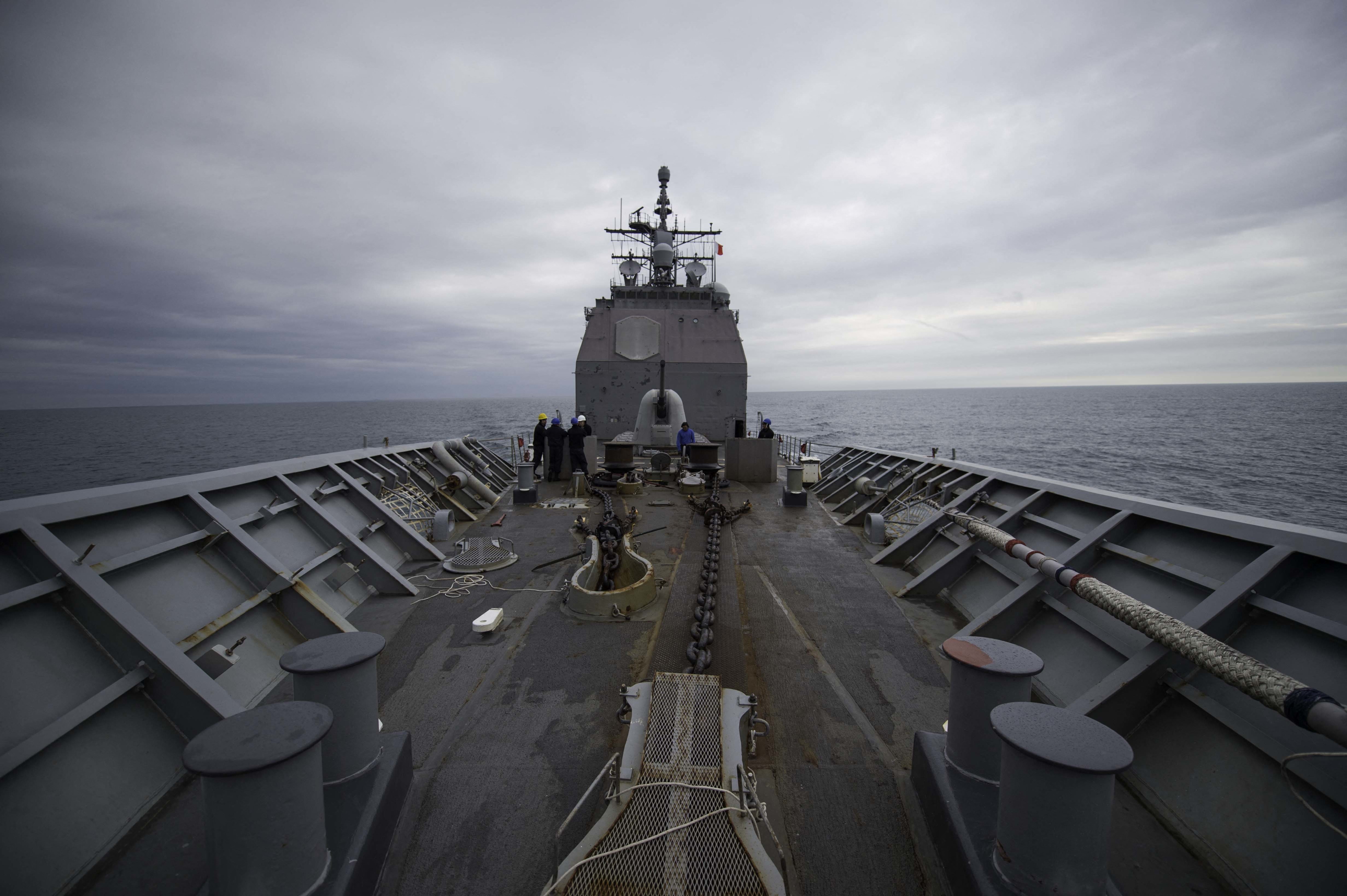 Handout file photo dated February 15, 2020 of Ticonderoga-class guided-missile cruiser USS Chancellorsville (CG 62) conducts normal underway operations transiting in the Taiwan Strait. Two United States Navy warships have entered the Taiwan Strait in what is the first US naval transit in the waterway since US-China tensions spiked this month over a visit to the island by House Speaker Nancy Pelosi. The guided-missile cruisers USS Antietam and USS Chancellorsville were on Sunday making the voyage "through waters where high seas freedoms of navigation and overflight apply in accordance with international law," the US 7th Fleet in Japan said in a statement. It said the transit was "ongoing" and that there had been "no interference from foreign military forces so far." U.S. Navy photo by Mass Communication Specialist 1st Class Gregory N. Juday via ABACAPRESS.COM