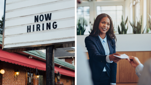 A now hiring sign and a hotel concierge