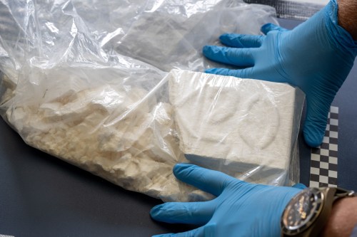 A customs officer presents part of what has become the largest single seizure of cocaine in Bavaria to date. Representatives of the Joint Narcotics Investigation Group (JIT) Northern Bavaria, the Customs Investigation Office in Munich, the Bavarian State Criminal Police Office and the Public Prosecutor's Office in Aschaffenburg were involved in the operation.