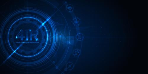 Fourth industrial revolution on futuristic hud with world map globe. concept of automatization, machinery, robotic technology, industrial revolution and artificial intelligence.