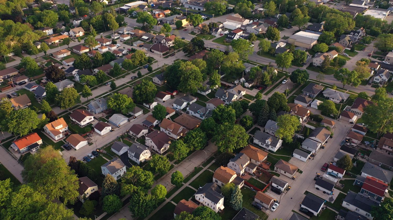 Aerial view of American suburb