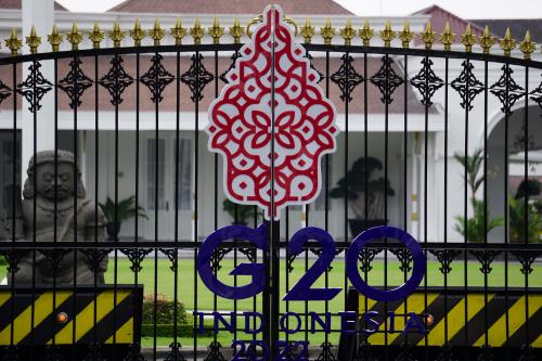 Yogyakarta, Central Java, Indonesia - April 24th, 2022 : G20 Symbol on iron fence