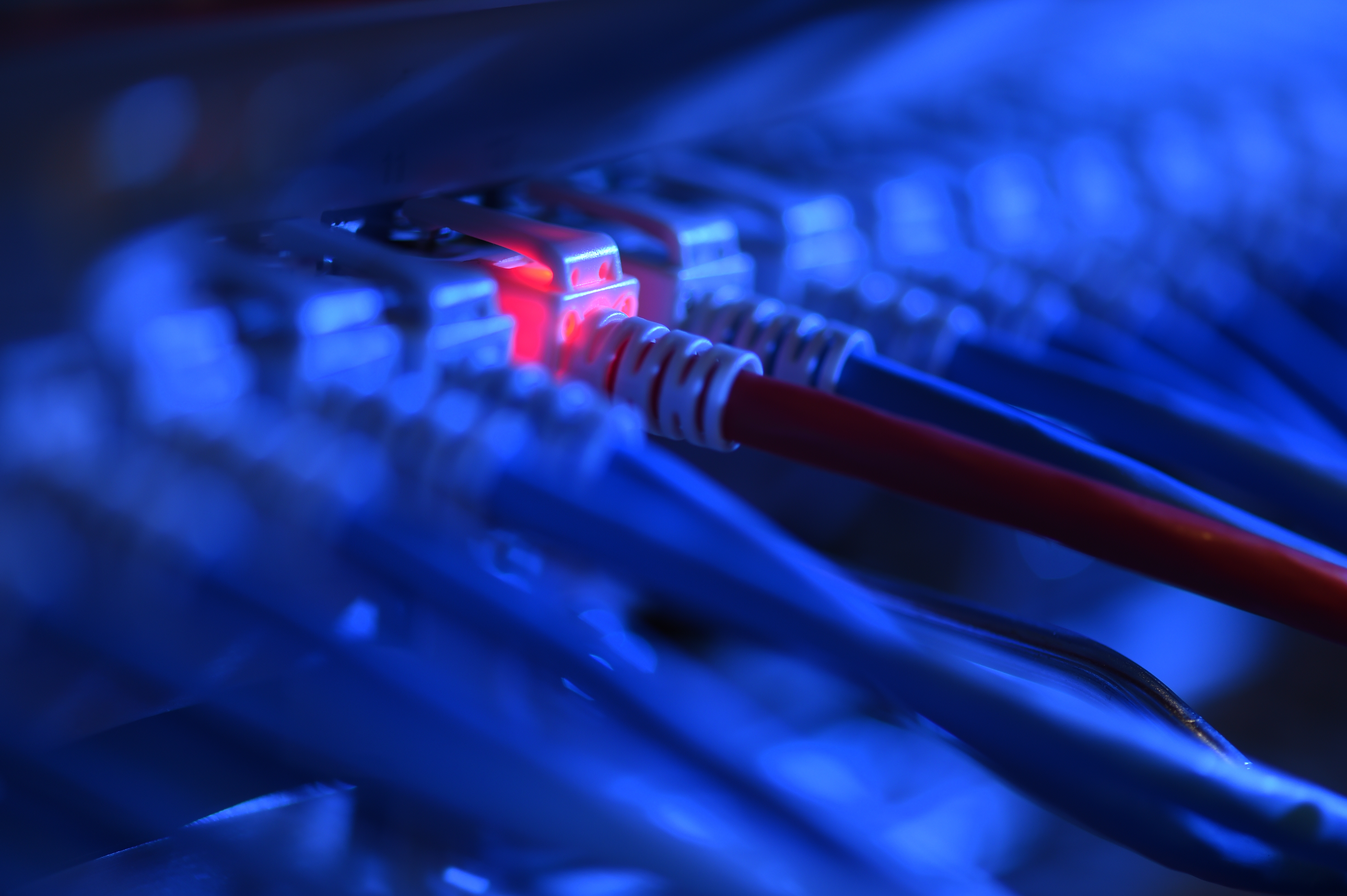 A network cable in a network control center lights up in red. 