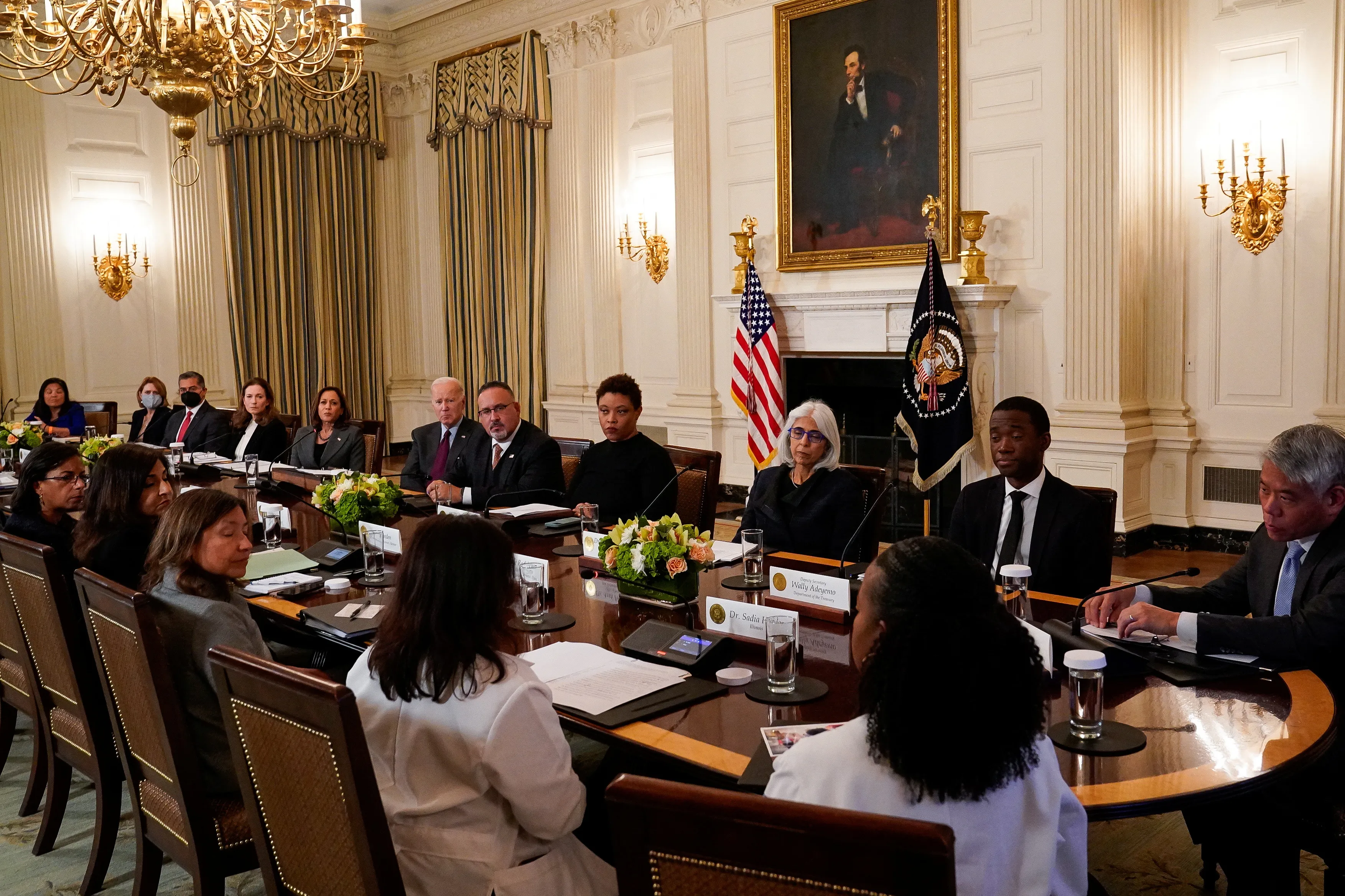 U.S. President Joe Biden, Vice President Kamala Harris and others listen to a guest doctor speak during a meeting of the Reproductive Healthcare Access Task Force in the State Dining Room at the White House in Washington, U.S., October 4, 2022. REUTERS/Elizabeth Frantz