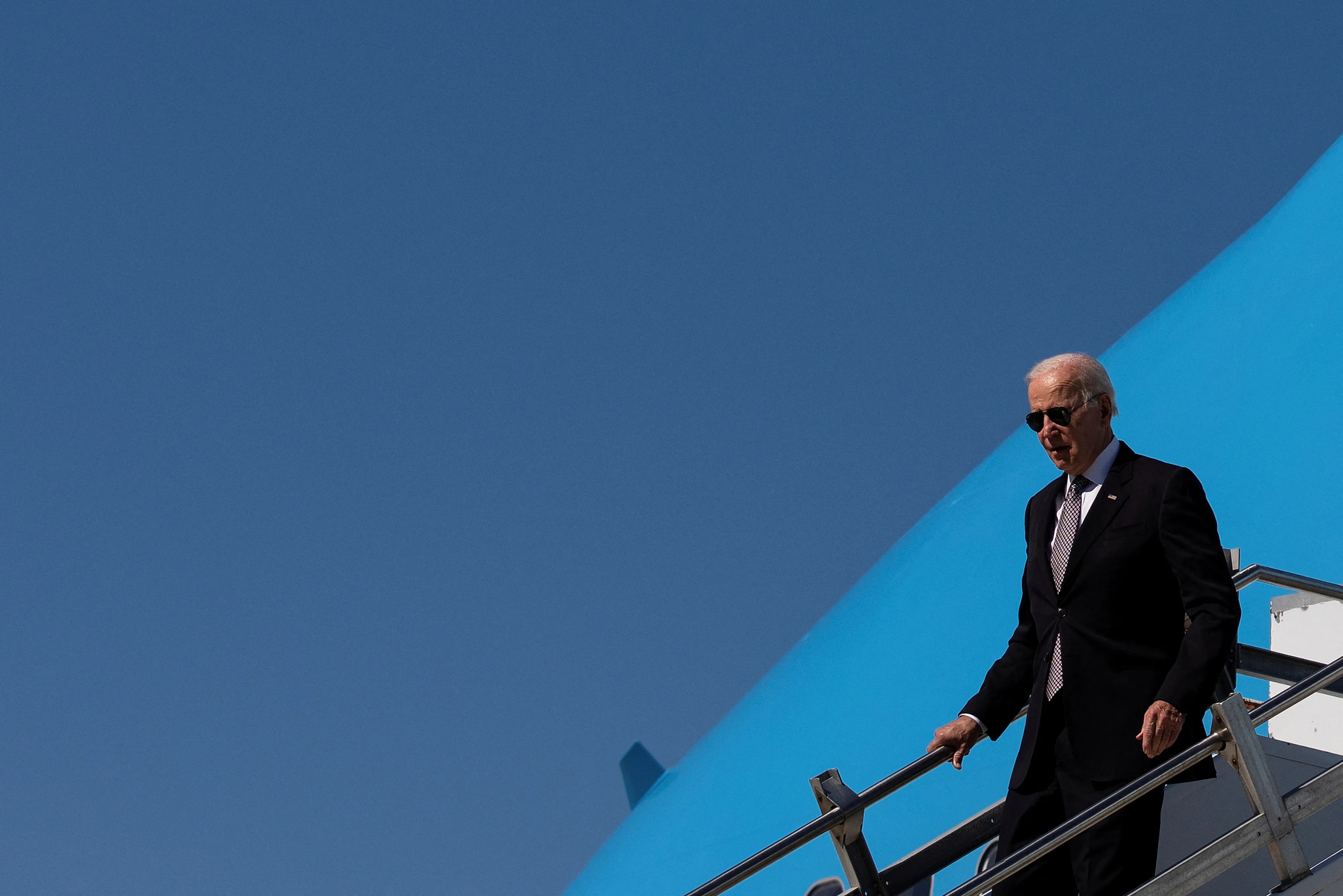 U.S. President Joe Biden descends from Air Force One at Stewart Air National Guard Base in Newburgh, New York, U.S., October 6, 2022. REUTERS/Tom Brenner REFILE- CORRECTING TOWN