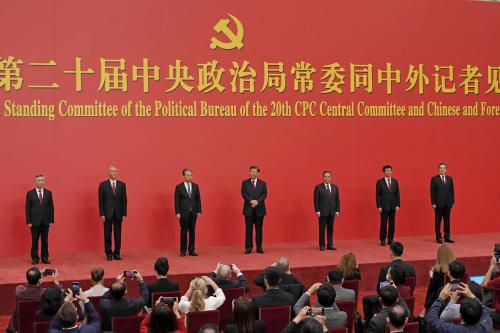 Members of the new Politburo Standing Committee under Chinese President Xi Jinping (C) pose at a press conference in the Great Hall of the People on Oct. 23, 2022, a day after the conclusion of the Chinese Communist Party's 20th National Congress. (Kyodo)==KyodoNO USE JAPAN