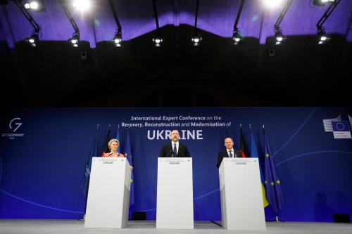 German Chancellor Olaf Scholz, Ukrainian Prime Minister Denys Shmyhal and EU Commission President Ursula von der Leyen attend a joint news conference during a post-war reconstruction of Ukraine conference in Berlin, Germany, October 25, 2022. REUTERS/Michele Tantussi