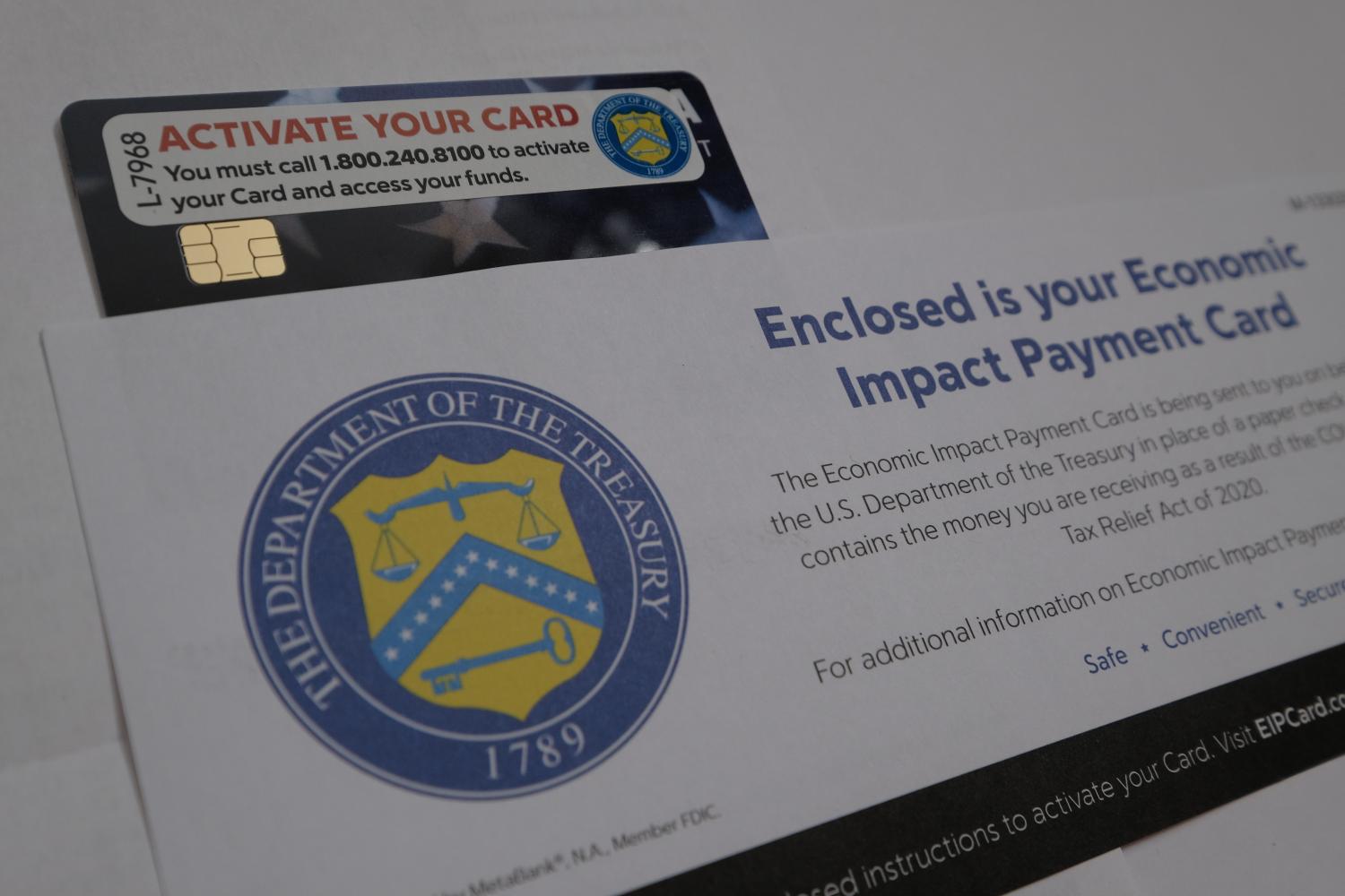 An Economic Impact Payment Card sent on behalf of the U.S. Department of the Treasury in place of a paper check for money received as a result of the COVID-related Tax Relief Act of 2020 pictured in Portland, Ore., on January 25, 2021. (Photo by Alex Milan Tracy/Sipa USA)No Use Germany.